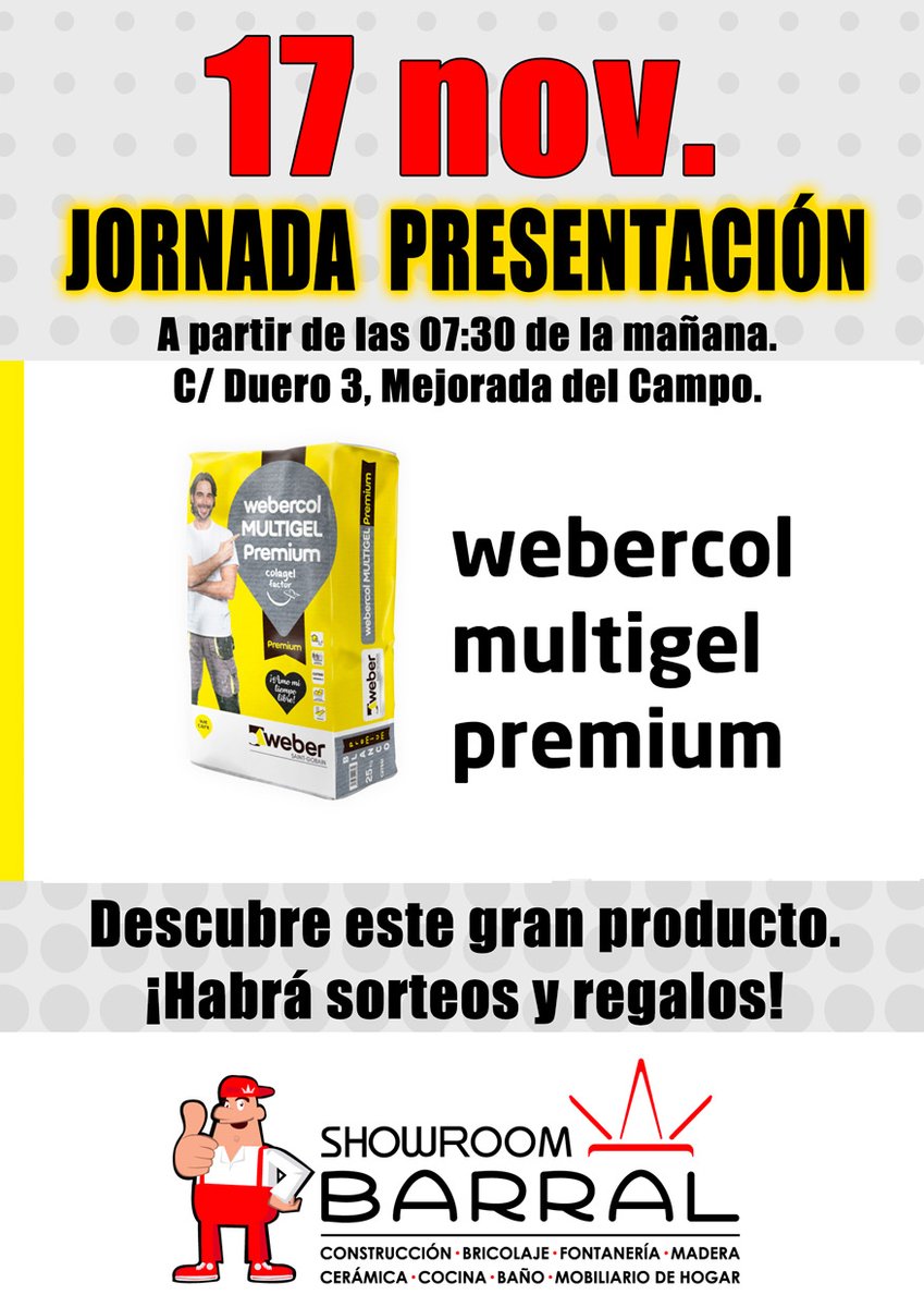 hbbarral's tweet photo. ❗ JORNADA PRESENTACIÓN ❗
Nuestros amigos de WEBER estarán mañana en nuestra sede de Mejorada para enseñarnos el nuevo Weber Color Multigel Premium🔝¡Habrá sorteos y regalos🎁! ¡No te lo pierdas! https://t.co/tTkjCWavyq #hbbarral #mejorada #multigel #materialesdeconstrucción https://t.co/Vci7woxOeo