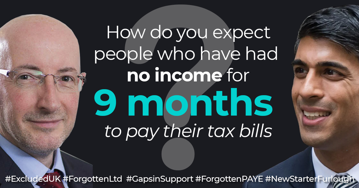 There are millions of people who have had no work and no financial aid for over 8 months and yet are expected to pay a tax bill in January. <a href="/RishiSunak/">Rishi Sunak</a> could you get together with <a href="/JimHarraHMRC/">Jim Harra</a> and come up with a solution to this?

#ExcludedUK #ForgottenLtd #ForgottenPAYE