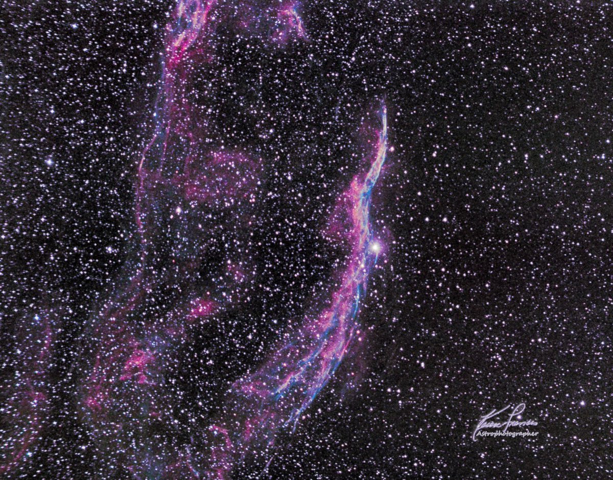remedyworld's tweet photo. This is the Witch's Broom Nebula or Western Veil Nebula. So what Halloween was last month. I have 48 min of time on this one and the colors are cool. Taken with QHY163C camera. #Orion_ST80 #qhyccd #astronomy #astrophotography #clearskies #startools #dylanodonnell #hashtag https://t.co/pnzTLdRHQ3