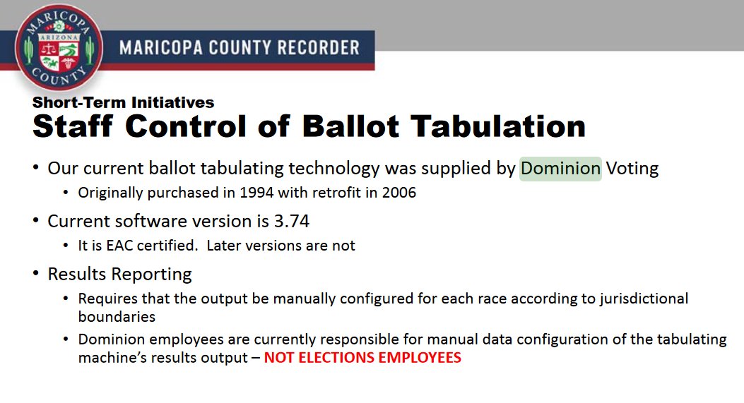 CodeMonkeyZ's tweet photo. In Maricopa County, 2017, did you know that "Dominion employees [were then] responsible for manual data configuration of the tabulating machine's results output - NOT ELECTIONS EMPLOYEES" ?

Again, their words not mine:
https://t.co/fSjiQzZJg3 https://t.co/UdsCD21uoB