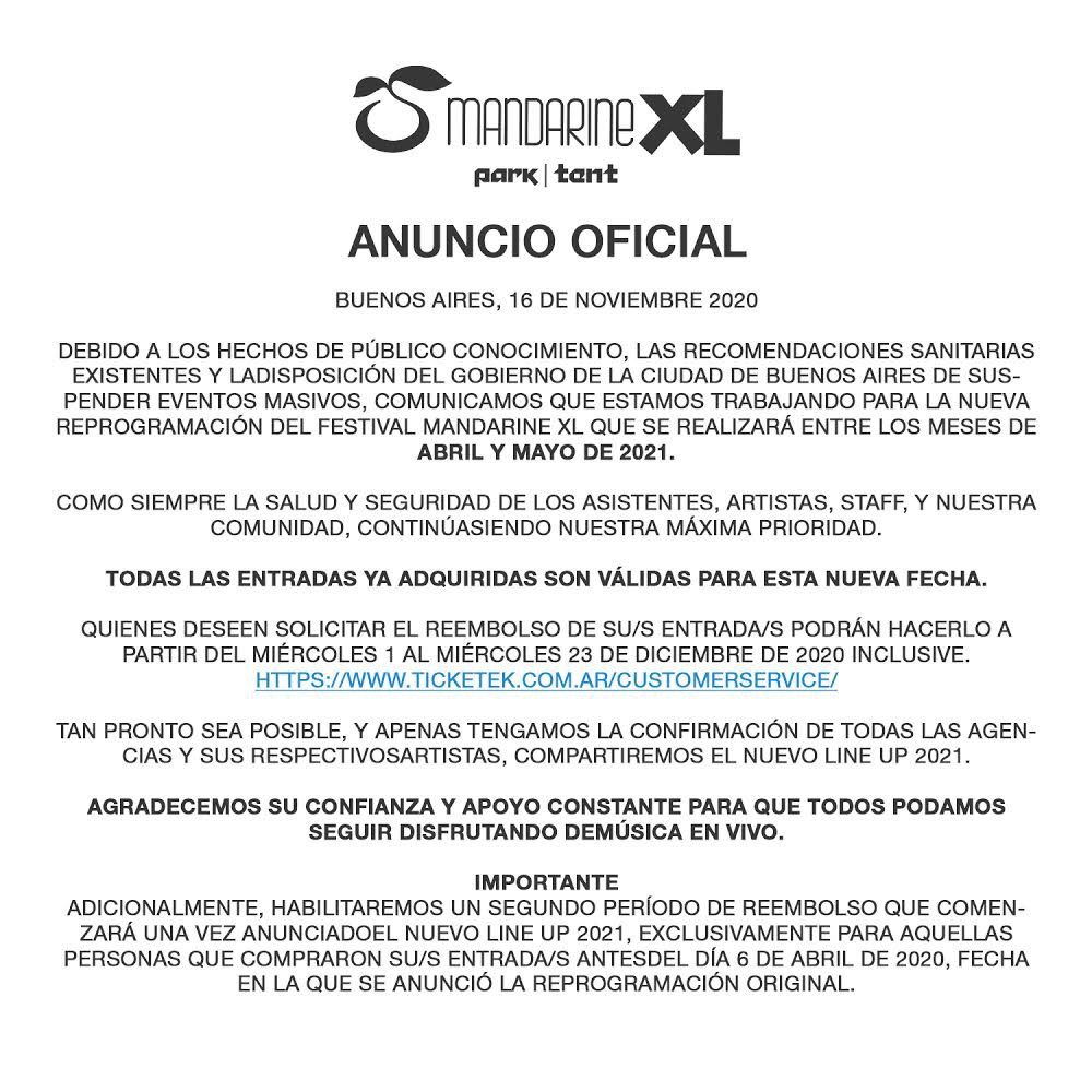 COMUNICADO OFICIAL – MANDARINE XL (PARK &amp; TENT)
BUENOS AIRES, 16 DE NOVIEMBRE 2020