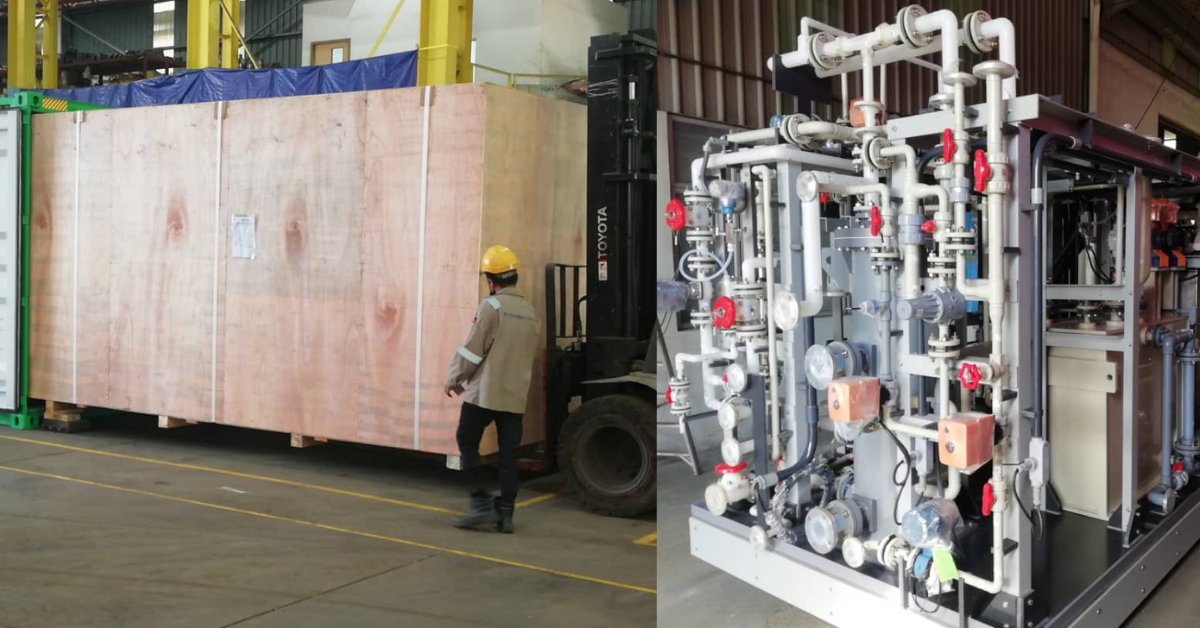 Klorigen's tweet photo. This Klorigen K-4 system is en route to South Korea for installation at a water treatment plant. All Klorigen on-site chlorine generators are shipped skid mounted and only require basic assembly/connection at the installation site prior to commissioning. 

#watertreatment https://t.co/9Bi13eYETr