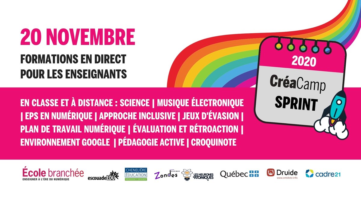 Vendredi, jour de #DevProf #CréaCamp! Formations de 3h pour les profs. Science, Musique, Plan de travail, Péd. active, Jeu d'évasion, Classe sans papier, Croquinote, Suite Google, Éduc. inclusive, Rétroaction... à distance ou hybride 👉 ecolebranchee.com/le-creacamp/ #EduQc #EduNumQc