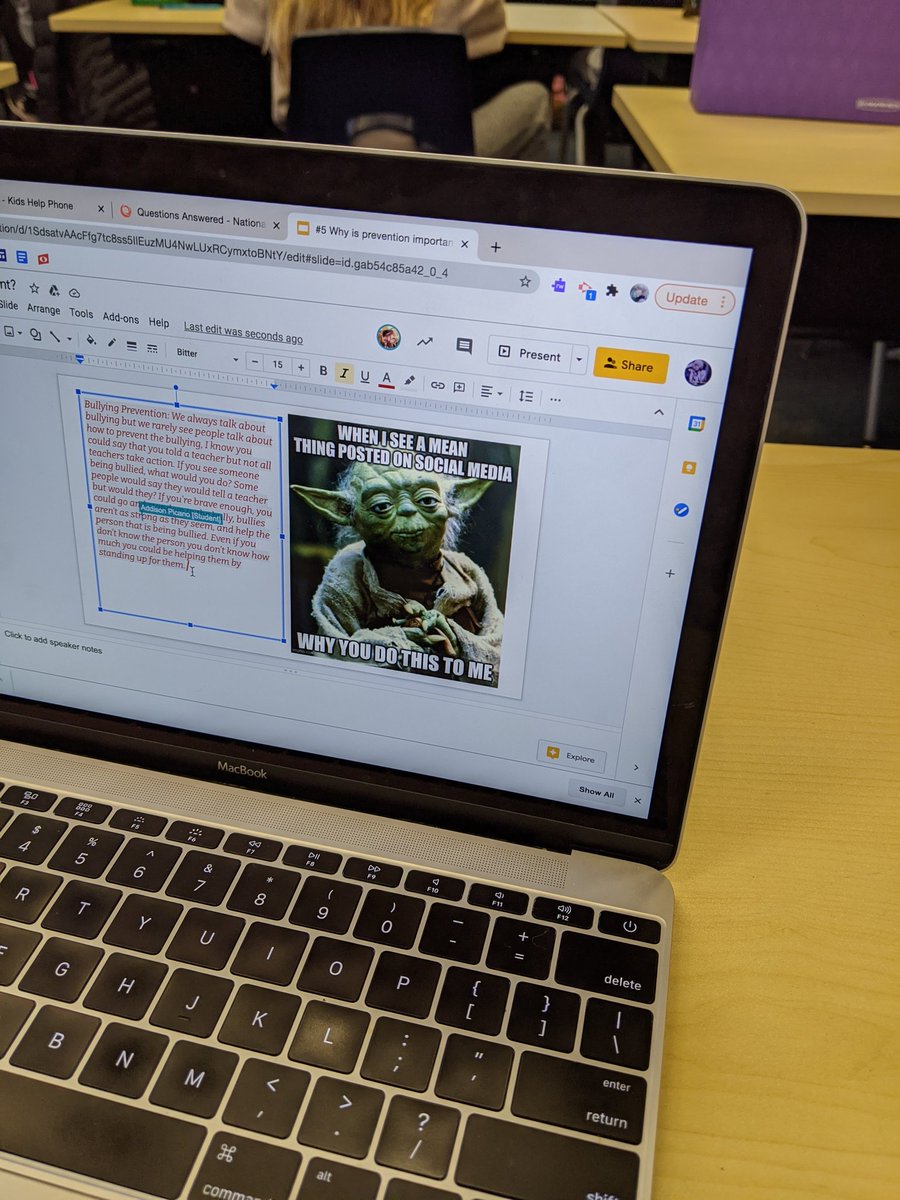 MrSteltman's tweet photo. Working on our own memes, programs and scripts to share our answers to different questions about bullying. #BullyingAwarenessWeek @mrelseclass @JohnTTuckPS https://t.co/YXoPvroakq