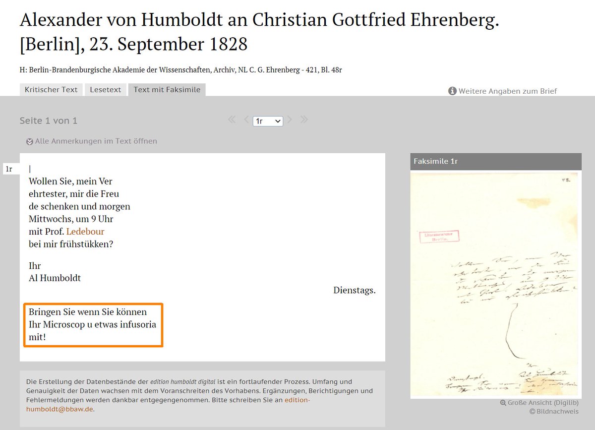 avhr_bbaw's tweet photo. Übrigens: Auch der Briefwechsel A.v. Humboldts mit Ehrenberg ist in der #edition #humboldt #digital der @bbaw_de zu finden. Schauen Sie rein https://t.co/K4LqeBPH5y … und: "Bringen Sie wenn Sie können Ihr #Microscop u etwas #infusoria mit!" #DigitaleEdition #DigitalHumanities https://t.co/bkufjjE7EA