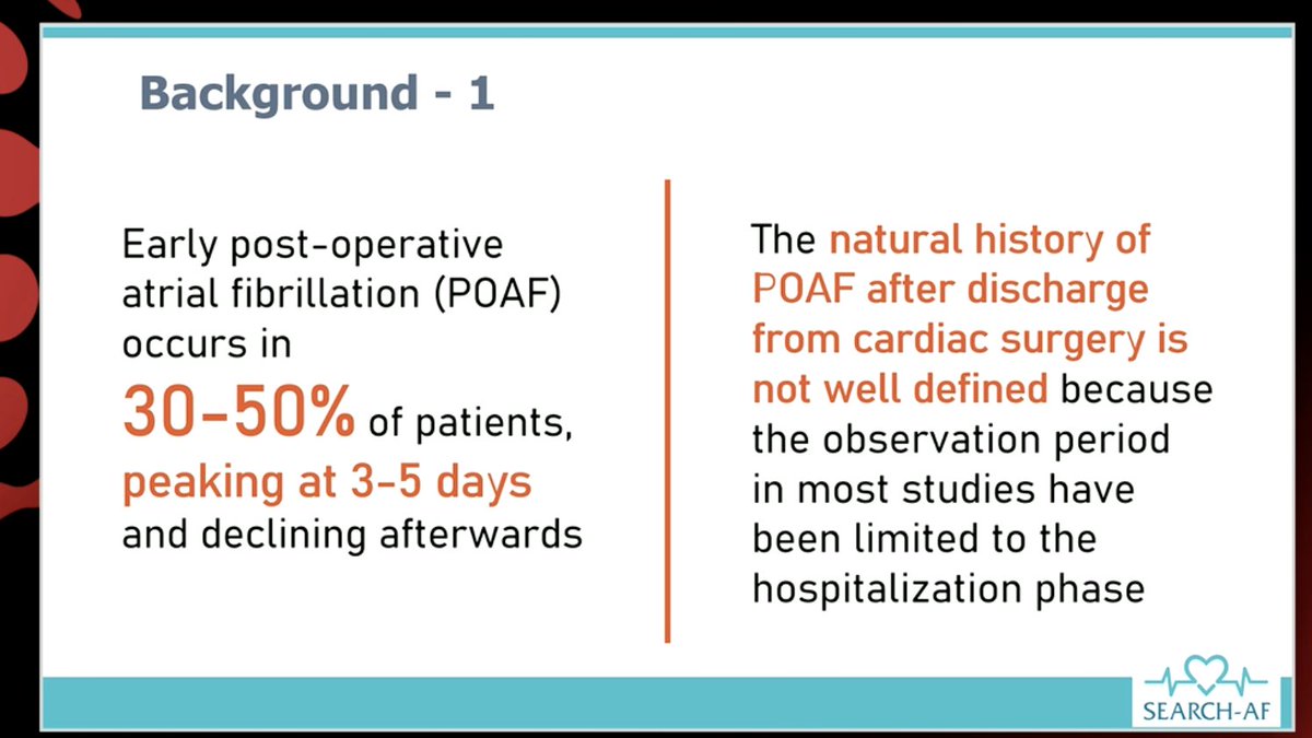 DrMarthaGulati's tweet photo. #AHA20 #SEARCHAF results at #LBCT Dr. Verma
🔺Goal was to assess for post #Afib in post Cardiac Surgery patients
🔺Known that post Afib occurs in 30-50% patients; peaks Day 3-5
🔺Goal of SEARCH-AF was to determine how much AFib occurs post discharge after CABG +/- valve surgery https://t.co/fxjD0XCQ4W
