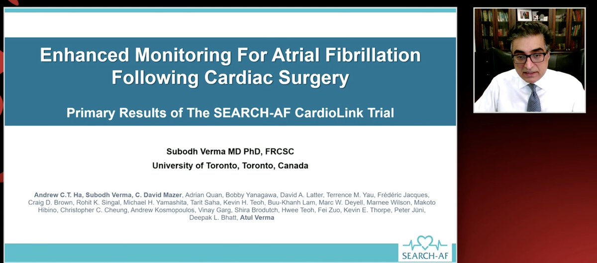 DrMarthaGulati's tweet photo. #AHA20 #SEARCHAF results at #LBCT Dr. Verma
🔺Goal was to assess for post #Afib in post Cardiac Surgery patients
🔺Known that post Afib occurs in 30-50% patients; peaks Day 3-5
🔺Goal of SEARCH-AF was to determine how much AFib occurs post discharge after CABG +/- valve surgery https://t.co/fxjD0XCQ4W