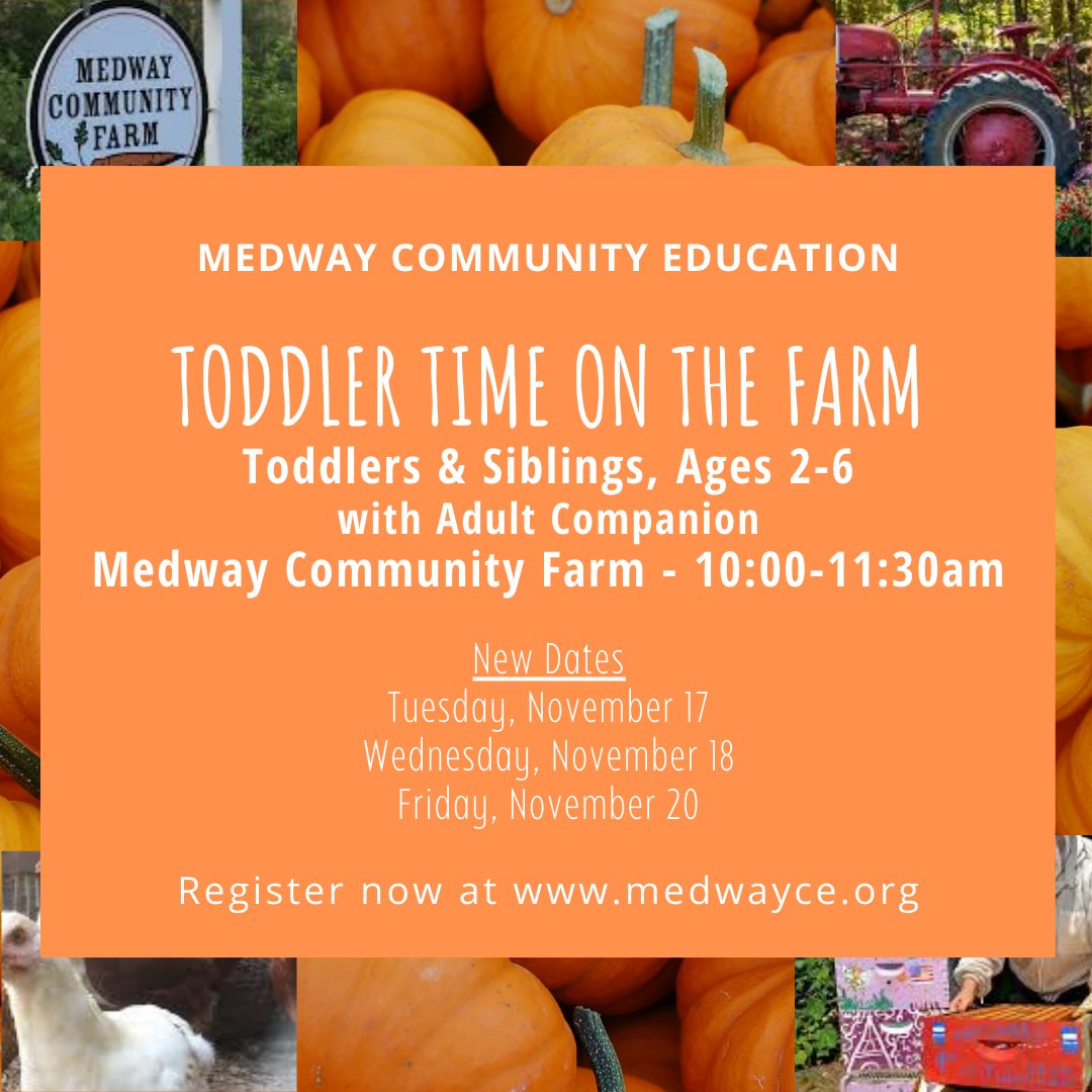 medwayce's tweet image. New TODDLER TIME ON THE FARM Dates!
The Farm invites toddlers and their siblings to come meet our animals while  enjoying the great outdoors this fall.    Register for one or all sessions at medwayce.org.