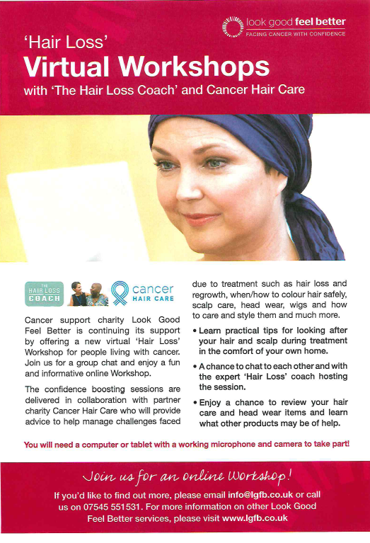 MacmillanQA (@macmillanqa) on Twitter photo Look Good Feel Better have launched a virtual Hair Loss Workshop for those living with cancer. To book email info@lgfb.co.uk or call 07545 551531 <a href="/MCubbonNHS/">Mark Cubbon</a> @LizRix_PHU @QAHospitalNews Look Good Feel Better have launched a virtual Hair Loss Workshop for those living with cancer. To book email info@lgfb.co.uk or call 07545 551531 <a href="/MCubbonNHS/">Mark Cubbon</a> @LizRix_PHU @QAHospitalNews