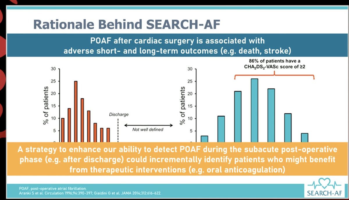 DrMarthaGulati's tweet photo. #AHA20 #SEARCHAF results at #LBCT Dr. Verma
🔺Goal was to assess for post #Afib in post Cardiac Surgery patients
🔺Known that post Afib occurs in 30-50% patients; peaks Day 3-5
🔺Goal of SEARCH-AF was to determine how much AFib occurs post discharge after CABG +/- valve surgery https://t.co/fxjD0XCQ4W