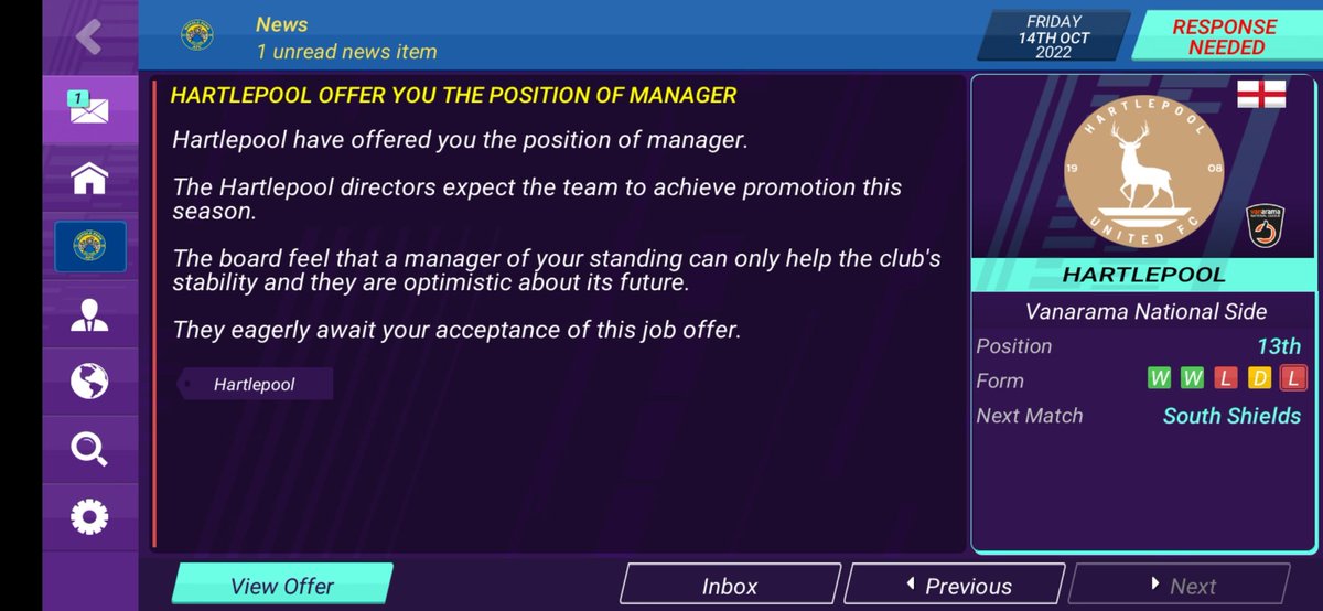 MarkL83's tweet photo. Oooooh, do I accept @Official_HUFC offer to be their next manager or do I stick it out with @MoyolaParkFC. Currently out of the champions league, Europa league and Europa league 2 (which is a thing, apparently) #FootballManager #FMM20 https://t.co/bwcOkb6H3j