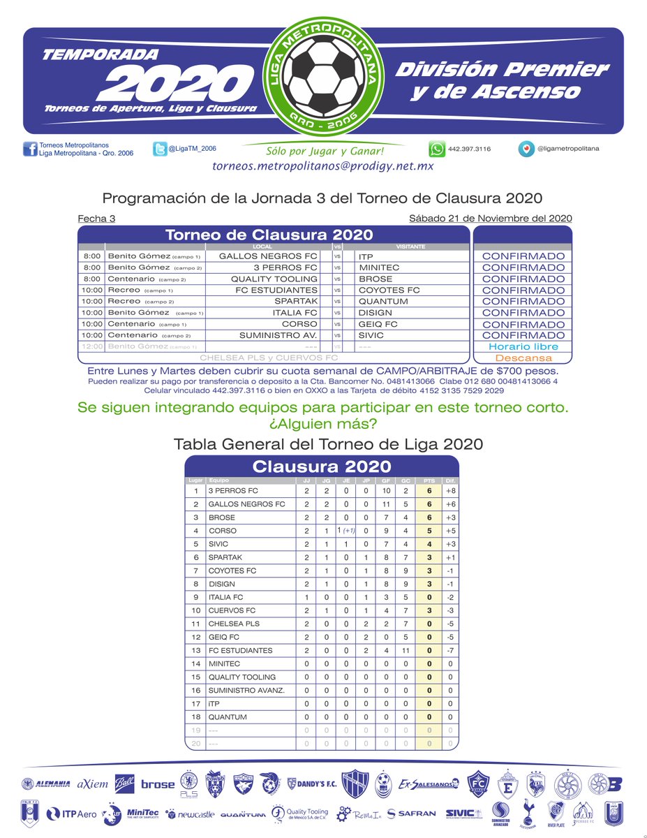 LigaTM_2006's tweet photo. Programación de la Jornada 3 del Torneo de Clausura 2020 a celebrarse este sábado 21 de Noviembre. https://t.co/tpx5zxeM5l