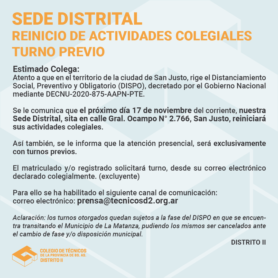 tecnicosd2's tweet photo. Sede Distrital - Reinicio de actividades Colegiales – Turno Previo
📣📣📣📣📣

#ColegiodeTécnicos #Distrito2 #AperturaSede #SedeDistrital #LaMatanza #SanJusto #Conturno #Noviembre2020 https://t.co/02HXODmask