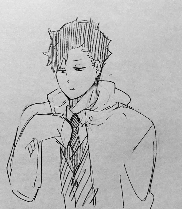 しょーせつばんの、例の萌え袖ベンチコートをこっそり着たら、萌え袖どころかすっぽり手が収まってしまって複雑な気持ち尾さん。のラクガキ 