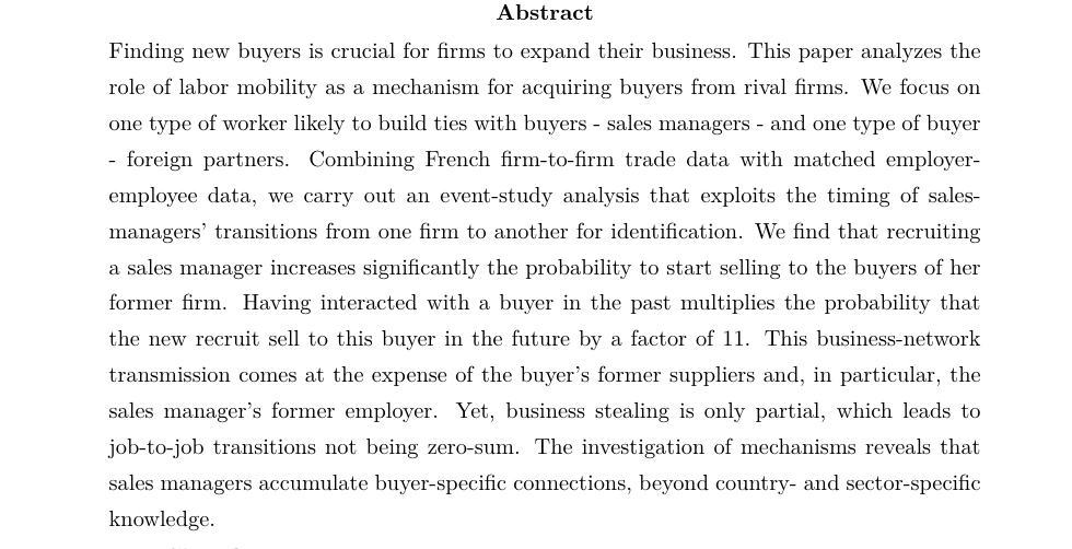 Hi  #EconTwitter  #EconJobMarket, time for my  #JMP thread!Happy to share “How valuable are business networks? Evidence from sales managers in international markets” joint with  @Clemcid #InternationalTrade http://sites.google.com/view/berengerepatault/ @Polytechnique  #CREST  @XDepEco  @ENSAEparis 1/13