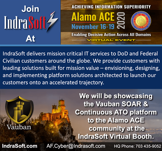 IndraSoft's tweet photo. Please join us at Alamo ACE Nov 16-19, 2020 
We'll be showcasing  Vauban SOAR &amp; Continuous ATO platform to the Alamo ACE community at our Virtual Booth. IndraSoft delivers mission critical IT services to DoD and Federal Civilian customers around the globe. https://t.co/SFGO6YO8Mv https://t.co/klkwZcch7H