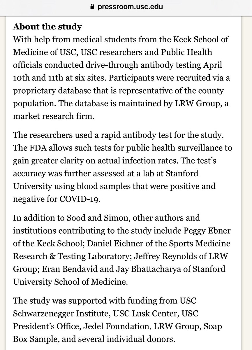 Press release from late April about the much-criticized seroprevalence study from USC, Los Angeles Health Department & Stanford.