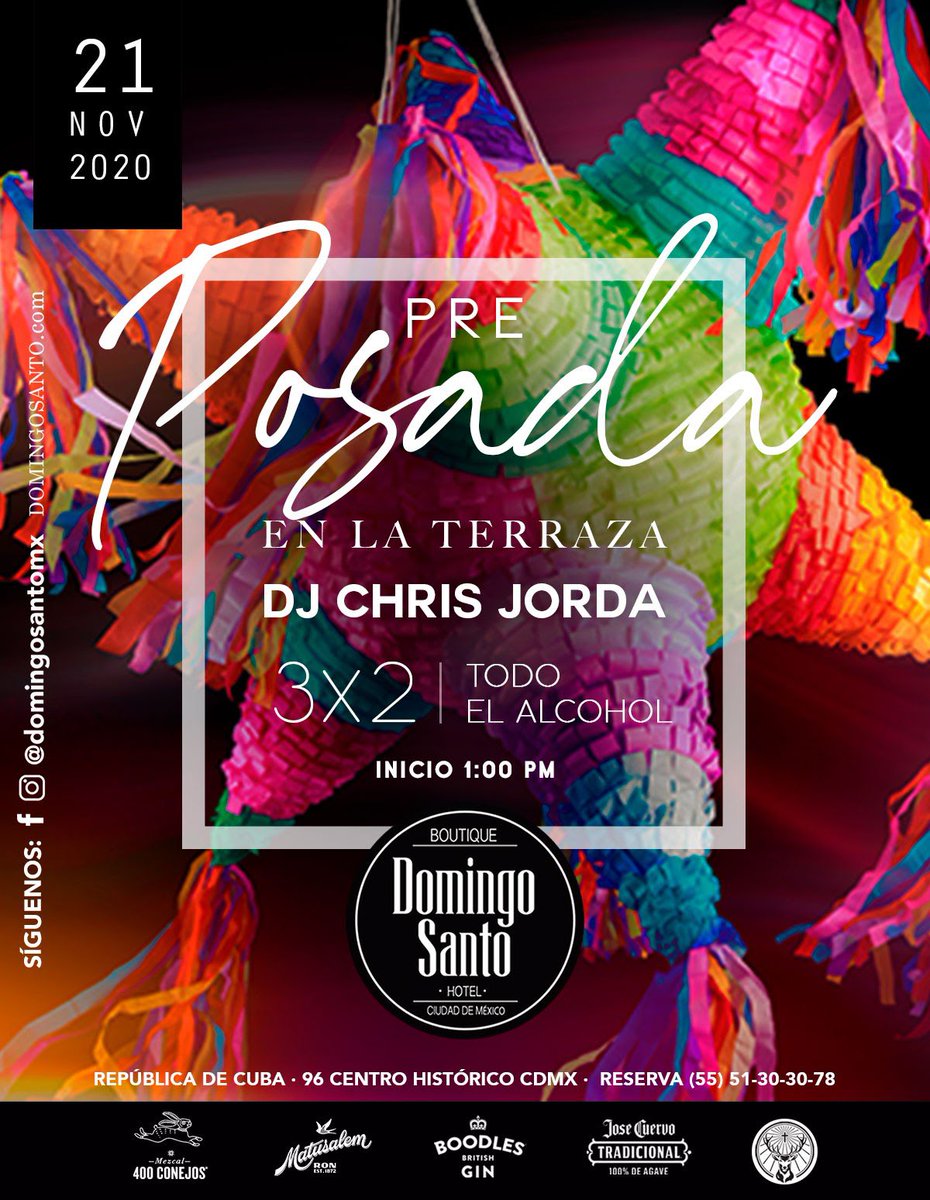 DomingoSantoMx's tweet image. ¡Te invitamos a nuestra Preposada Domingo Santo! el sábado 21 de noviembre.Tenemos todo preparado para ti y hacerte vivir una experiencia extraordinaria • 3x2 todo el alcohol• DJ Chris Jorda • Inicio: 1:00 PM • República de Cuba 96 col. centro cdmx (55)5130-3078 #preposada