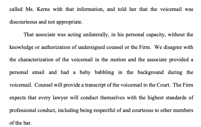 A Kirkland & Ellis lawyer said the voicemail left by an associate who was not involved in the case was "discourteous and not appropriate.”  https://www.courtlistener.com/recap/gov.uscourts.pamd.127057/gov.uscourts.pamd.127057.132.0.pdf