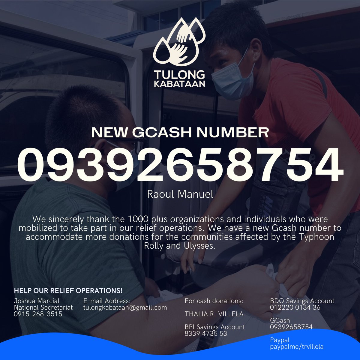 TulongKabataan_'s tweet photo. !!! NEW GCASH ACCOUNT !!!

09392658754
Raoul Manuel

#ReliefPH
#TulongKabataan
#BangonBicol
#UlyssesPH

We sincerely thank the 1000 plus organizations and individuals who were mobilized to take part in our relief operations. We have a new Gcash number to accommodate more https://t.co/rbQ602OCuK