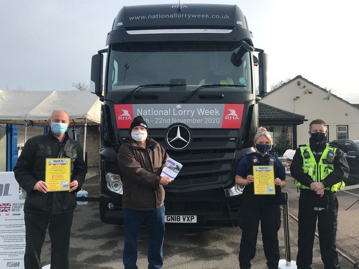NaVCIS_UK's tweet photo. Today #NaVCISFreight have been at the launch of #NationalLorryWeek at @jct17m4pitstop with @wiltshirepolice @ChippenhamCPT @RHANews @RWUK01 @MDean04 undertaking Cargo Crime prevention #hgvdrivers #logistics #cargo #trucking https://t.co/XyBeUbnaTS
