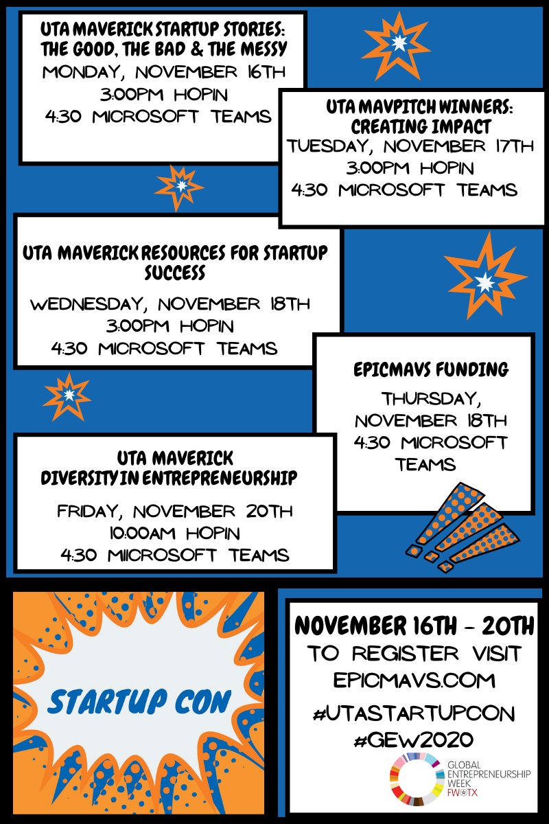 UTAInnovation's tweet photo. Happy Global Entrepreneurship Week! @utarlington #UTAMavs will be participating in events all week! To register for @GEWFortWorth : https://t.co/ED9QKSrERj
After each UTA session, switch to the Teams app for a deep dive conversation Email startup@uta.edu #GEW2020 #UTAStartupCon https://t.co/YMdTIrLtvu
