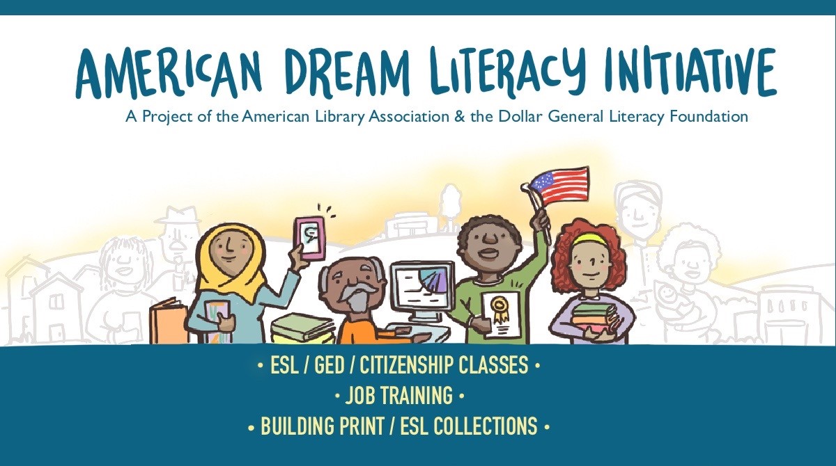ALALibrary's tweet image. Apply now: The American Dream Literacy Initiative from ALA &amp;amp; @DollarGeneral Literacy Foundation helps public libraries serve adult English language learners or adults in need of basic education/workforce development. #programminglibrarian bit.ly/3ku9nFA