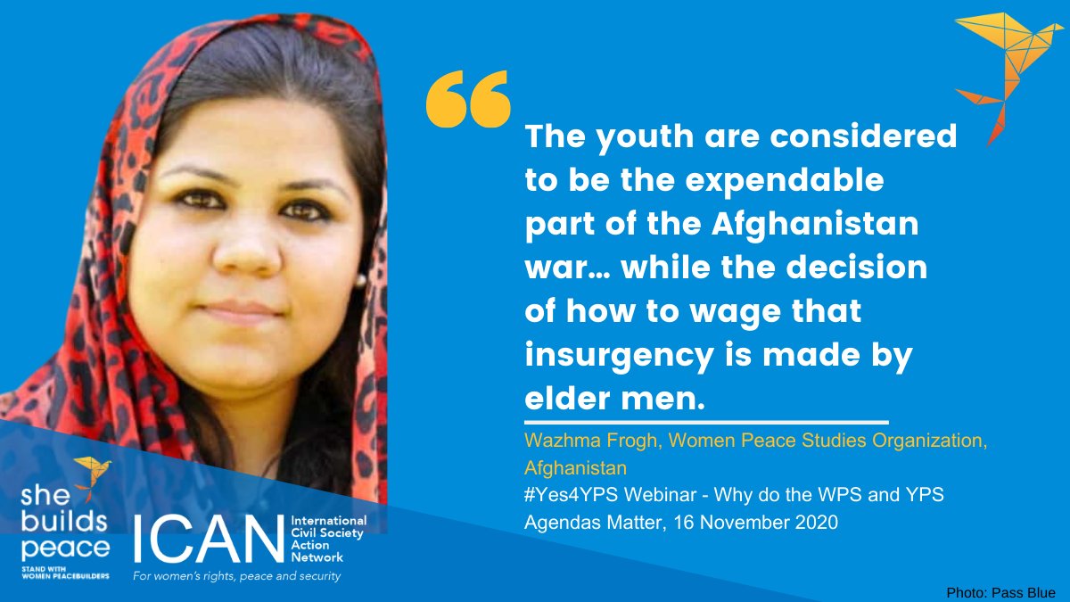 .@FroghWazhma (@WpsoAfg) shares: In many violent extremist groups, including in #Afghanistan, young men are considered expendable. Grievances of these youth are based on their experiences. Her org is working w/ <a href="/whatthewomensay/">ICAN (International Civil Society Action Network)</a> to engage with these young boys &amp; men. #Yes4YPS