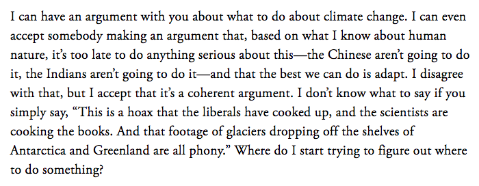 This is  @BarackObama's first major interview & it's striking how much of it is devoted to the news & information crisis. Striking but completely on point. Because how on earth are you going to solve the climate crisis if half the world think it's a liberal hoax?