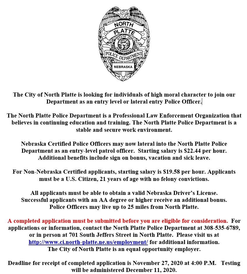 NorthPlattePD's tweet photo. Join NPPD!  Applications are due November 27, at 4 p.m.

https://t.co/OLhHfPIV0i https://t.co/V38b63JQJ6