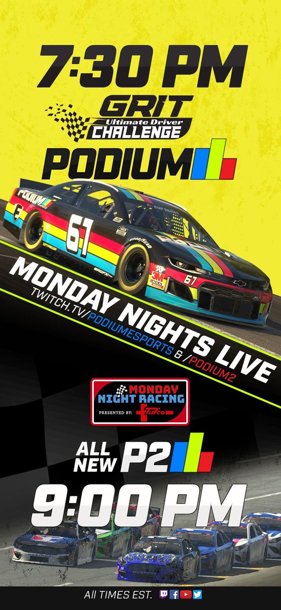 TONIGHT!

@gritmmarketing #GRITUDC
7:30 p.m. ET
Cup at @Autodromo_Monza Oval
Twitch.tv/PodiumeSports

@MonNightRacing #TufcoMNR #BST200
9 p.m. ET
Cup at @TalladegaSuperS
Twitch.tv/Podium2