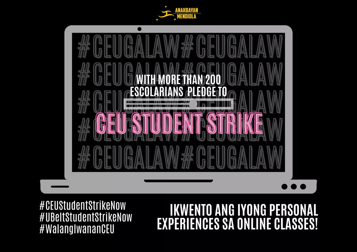ABMendio's tweet photo. Sa sunod-sunod na kalamidad at kasabay ng sunod sunod at nag-uumapaw na requirements na binibigay araw-araw,nararapat lamang isulong ang ating hinanaing.Escolarian,ibahagi ang inyong mga karanasan! Makiisa sa ating laban!
#CEUDoBetter
#CEUStudentStrikeNow
#UBeltStudentStrikeNow https://t.co/ceB82QgIkQ