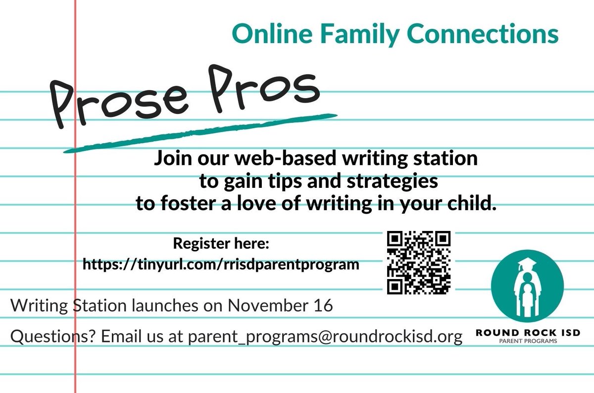 I DON'T KNOW WHAT TO WRITE! Parents won't hear that any more after visiting our new Prose Pros web-based writing station with tips, strategies and innovative ways to get your kids to fall in love with writing!
Register:  tinyurl.com/rrisdparentpro…