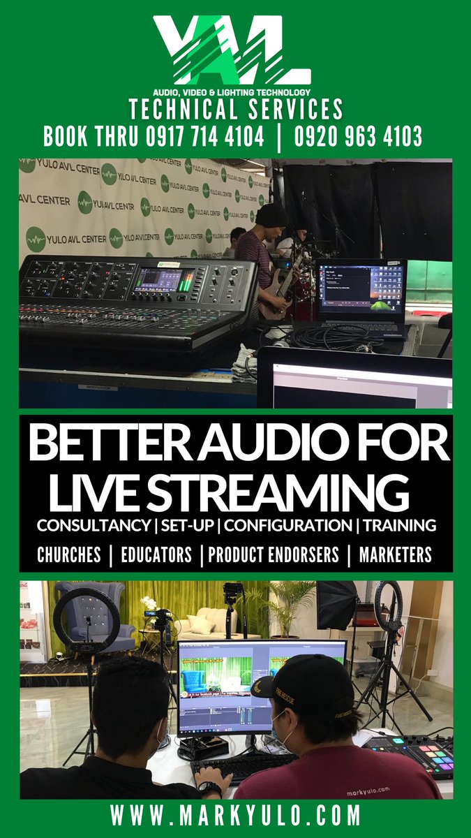 markyuloaudio's tweet image. Better Audio for Live Streaming Technical Services (Internet Broadcast) 
Contact 0917 714 4104  |  0920 963 4103 

Consultancy | Set-up | Configuration | Training
for Churches | Educators | Product Endorser |  Marketers

visit our website markyulo.com to know more