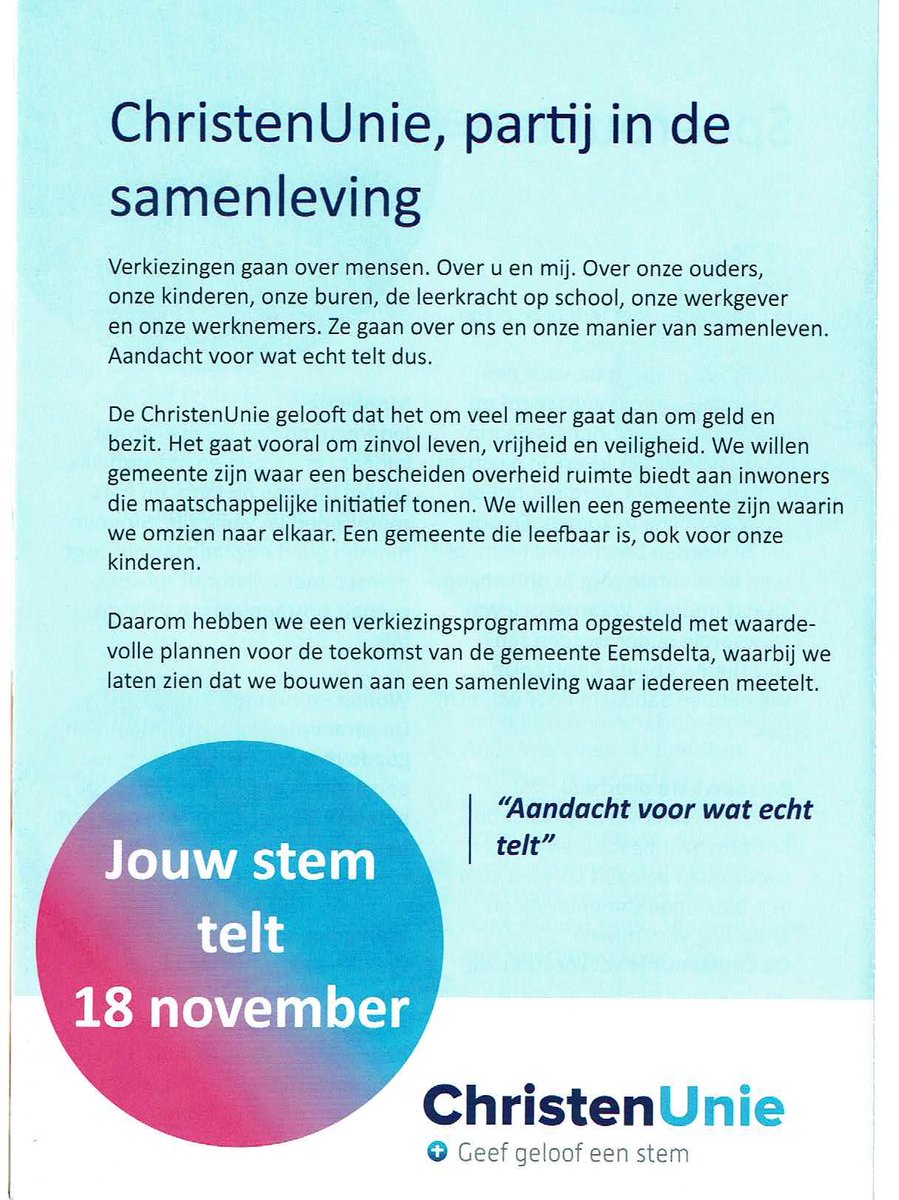 Vanwege het #Coronavirus is onze verkiezingsbrochure bezorgd via de regionale krant. Gemist? Hieronder vindt u onze brochure. We zien graag uw stem op één van onze kandidaten op lijst 2 van de ChristenUnie Eemsdelta. #aandachtvoorwatechttelt #geefgeloofeenstem CU@18november.