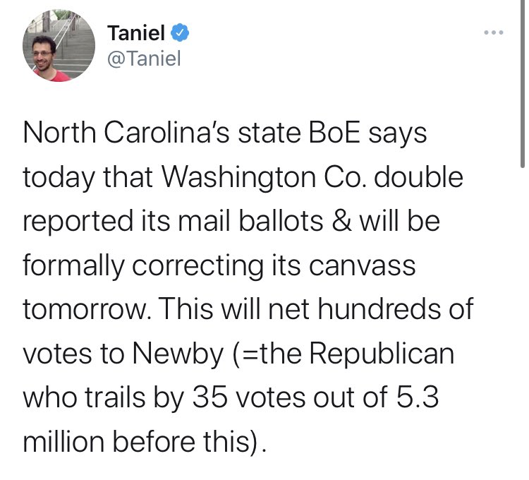  Another WOW in election counts:In NC, the GOPer for a judgeship trails the Dem incumbent by 35 votes.A county reports “double counting” mail in ballots which helped the Dem since a majority mail ins this year are Dems.This correction will net the GOPer 100s of votes.