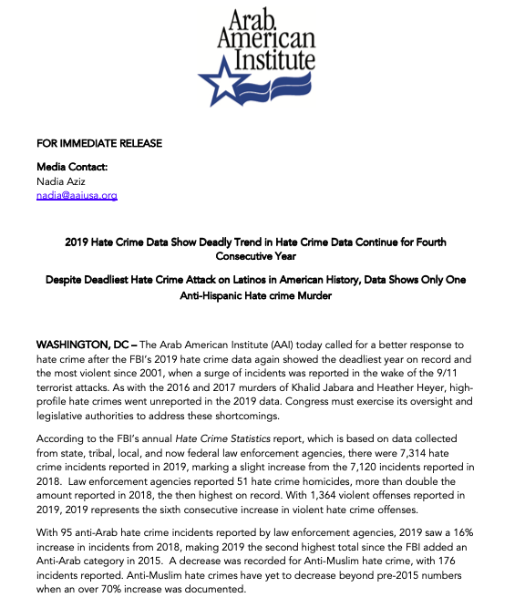 #BREAKING: The 2019 FBI Hate Crime Data released today show deadly, violent trend in  #hatecrime continues for 4th consecutive year.Deadliest anti-Latino hate crime in American history documented as "anti-other race/ethnicity/ancestry" in data. http://bit.ly/3lBESyx&nbsp;