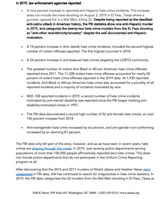  #BREAKING: The 2019 FBI Hate Crime Data released today show deadly, violent trend in  #hatecrime continues for 4th consecutive year.Deadliest anti-Latino hate crime in American history documented as "anti-other race/ethnicity/ancestry" in data. http://bit.ly/3lBESyx&nbsp;