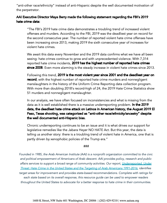  #BREAKING: The 2019 FBI Hate Crime Data released today show deadly, violent trend in  #hatecrime continues for 4th consecutive year.Deadliest anti-Latino hate crime in American history documented as "anti-other race/ethnicity/ancestry" in data. http://bit.ly/3lBESyx&nbsp;