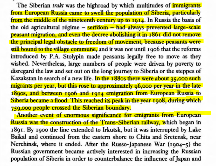 Serfdom and the prohibition on peasant movement stunted Russian migration into Siberia. After its abolition, and the construction of the trans-Siberian railway, Russian migration into Siberia exploded.