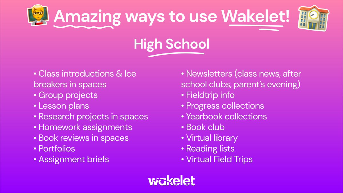 wakelet's tweet photo. ⚡Amazing ways to use Wakelet in High Schools!⚡

From Portfolios to Yearbooks - there are tons of ideas for making the most of Wakelet in your high school!

Get started here, and explore below for inspiration!💙🔥💯
https://t.co/vqdyCY7OJv

#WakeletWave https://t.co/eLq2D5aY7X