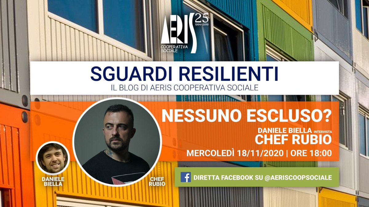 rubio_chef's tweet photo. Mercoledì 18 novembre alle h 18 sarò ospite dello spazio online #SguardiResilienti per parlare di disuguaglianze sociali, migrazioni e accesso ai diritti di base. L'intervista è in diretta facebook su @aeriscoopsociale e su https://t.co/5oY9dYItCY. Baci a tutti belli e brutti https://t.co/2ZqoOa2wj1