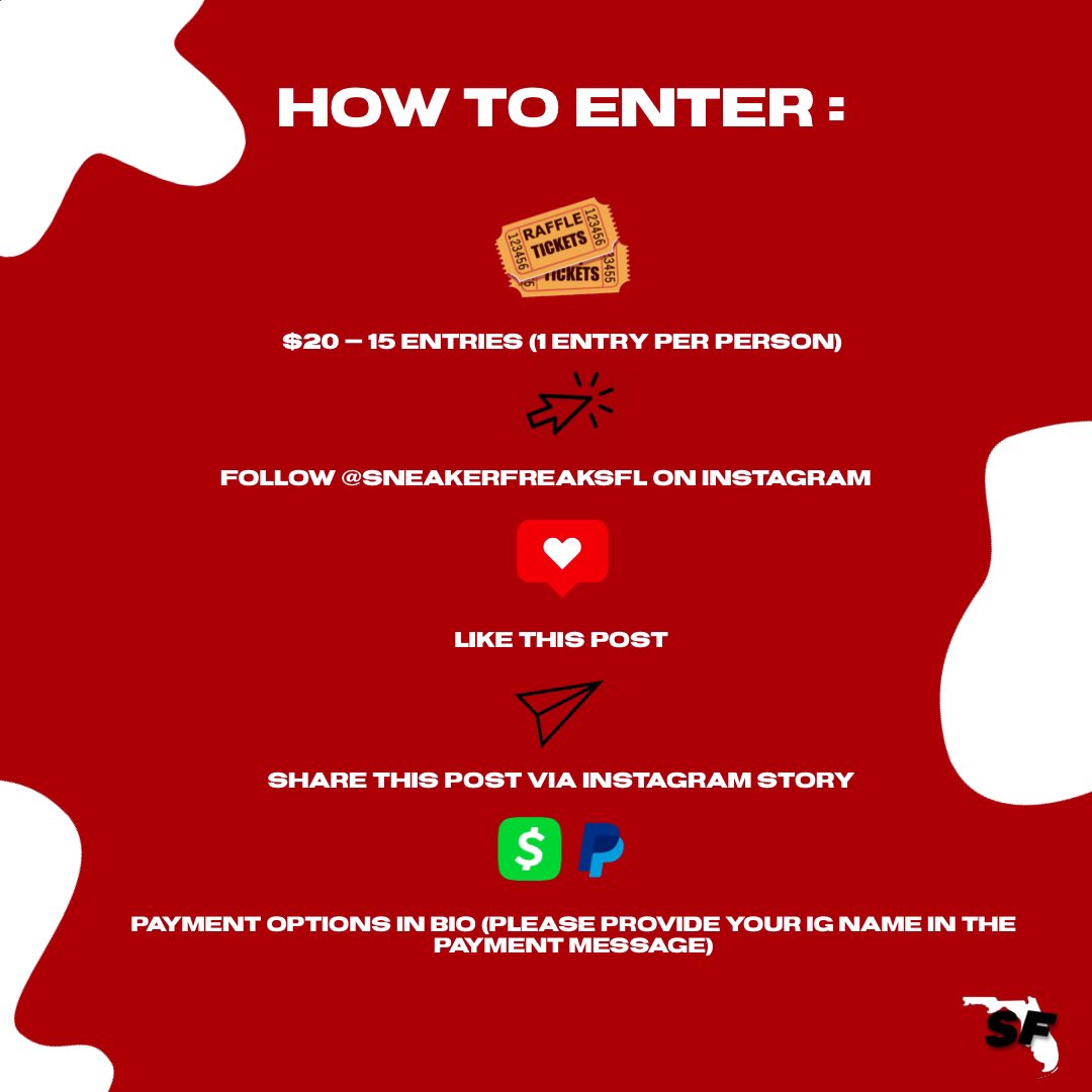 SneakerFreaksFL's tweet photo. our very first raffle via Instagram! winner will be announced once slots are filled - good luck everyone! 🍾
any further questions please contact us directly at sneakerfreaksfl@gmail.com

https://t.co/YpgXyFdvs9 https://t.co/heS30a5PXI