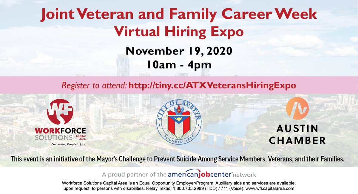 wfscapitalarea's tweet photo. It's Virtual Joint Veteran and Family Career Week! We partnered with @austintexasgov + @AustinChamber for a hiring expo on Thursday.
@Tesla @RigUp @Indeed and more will be hiring!
Register: https://t.co/D9PPaxaFL4
#hiringevent #jobfair #careerexploration #standwithaustin https://t.co/KEfxJxxmhR
