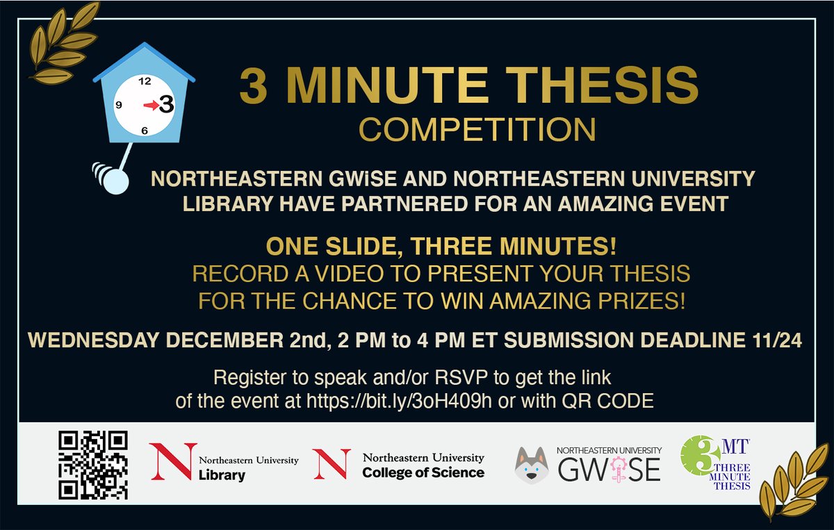NeuGwise's tweet photo. 3MT Prizes are here:
• First place: 100$ Grubhub card, interview on the Dean’s podcast, 100$ credit for 3D printing 
• Second place: 50$ Grubhub card, interview on the Dean’s podcast, 50$ credit for 3D printing 
• Third place: 25$ Grubhub card, interview on the Dean's podcast https://t.co/GMO0UvTEAc