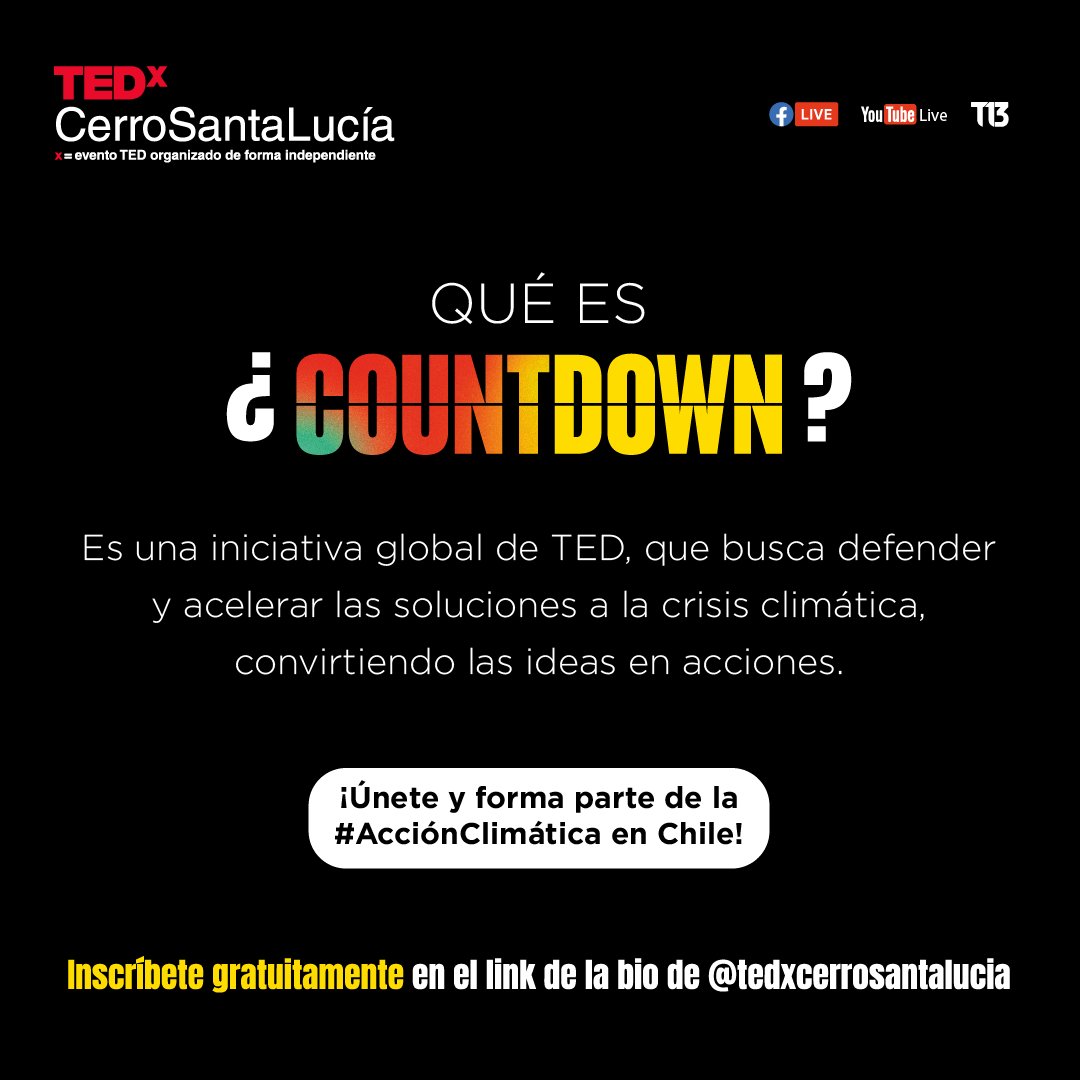 TEDxCSL's tweet photo. ¿Qué es #COUNTDOWN2020CL?
Es una iniciativa global de @TEDTalks , que busca defender y acelerar las soluciones a la #crisisclimática , 🌎 convirtiendo las ideas en acciones. Inscríbete al evento de forma gratuita en el siguiente link 👉 https://t.co/foedqyg5EL  
#AcciónClimática https://t.co/HB3erSyb9a