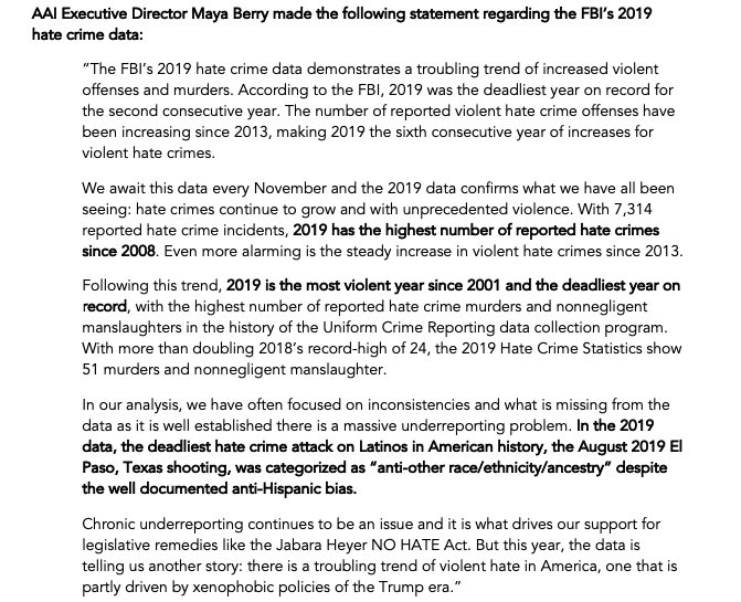  @AAIUSA Executive Director,  @iMayaBerry stated:"In the 2019 data, the deadliest hate crime attack on Latinos in American history, the August 2019 El Paso, Texas shooting, was categorized as “anti-other race/ethnicity/ancestry” despite the well documented anti-Hispanic bias."