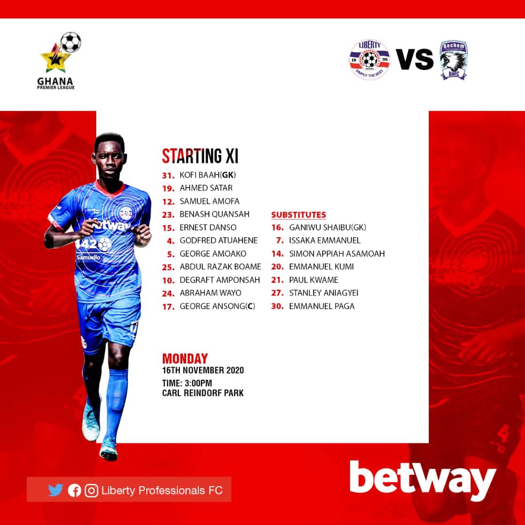 Ghanasoccernet's tweet photo. HALFT-TIME
@LibertyProfFC 1-0 @BechemUnitedFC
16' George Ansong
#GhanaPremierLeague #GPLReturns #MatchDay1
#GPLwk1 #BringBackTheLove
Line up of both teams https://t.co/YjU0PHvV9w