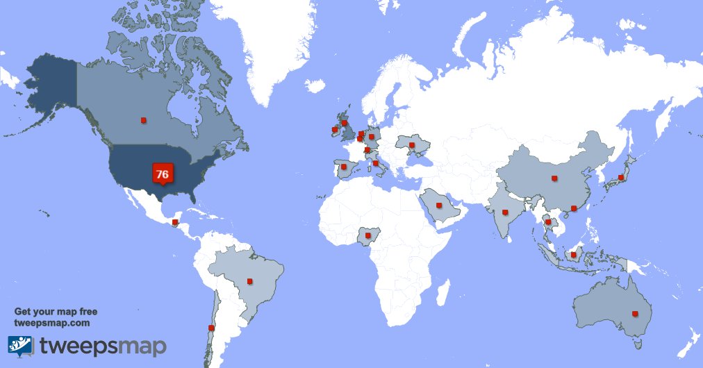 RockwallCouple's tweet photo. My followers live in 23 countries: USA(80%), UK.(9%)... https://t.co/Jep5yzFjvx
Get your free map! https://t.co/UuaTQ1QNOO