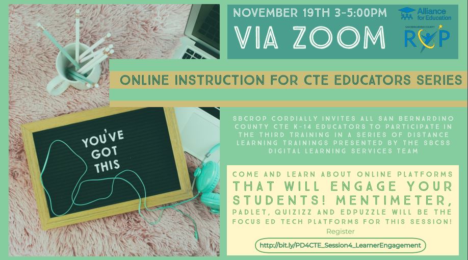 SBCo_ROP's tweet image. San Bernardino &amp;amp; Riverside County #K14 #CTE #Educators Are you struggling with #LearnerEngagement in this virtual world? Join us for our upcoming #PD session to learn about #Apps that increase #student interaction Register here: Bit.ly/PD4CTE_Session…
